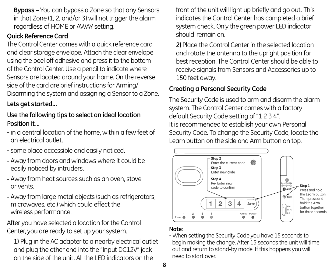 GE 45129 user manual Quick Reference Card, Lets get started, Creating a Personal Security Code 