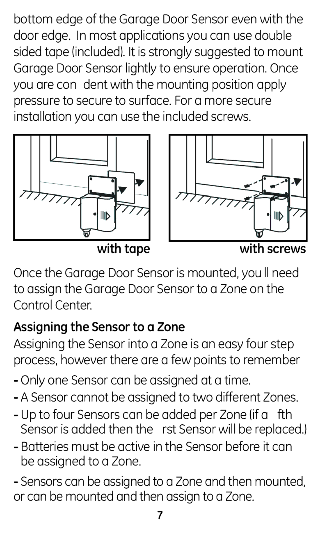 GE 45130 user manual With tape With screws, Assigning the Sensor to a Zone, Only one Sensor can be assigned at a time 