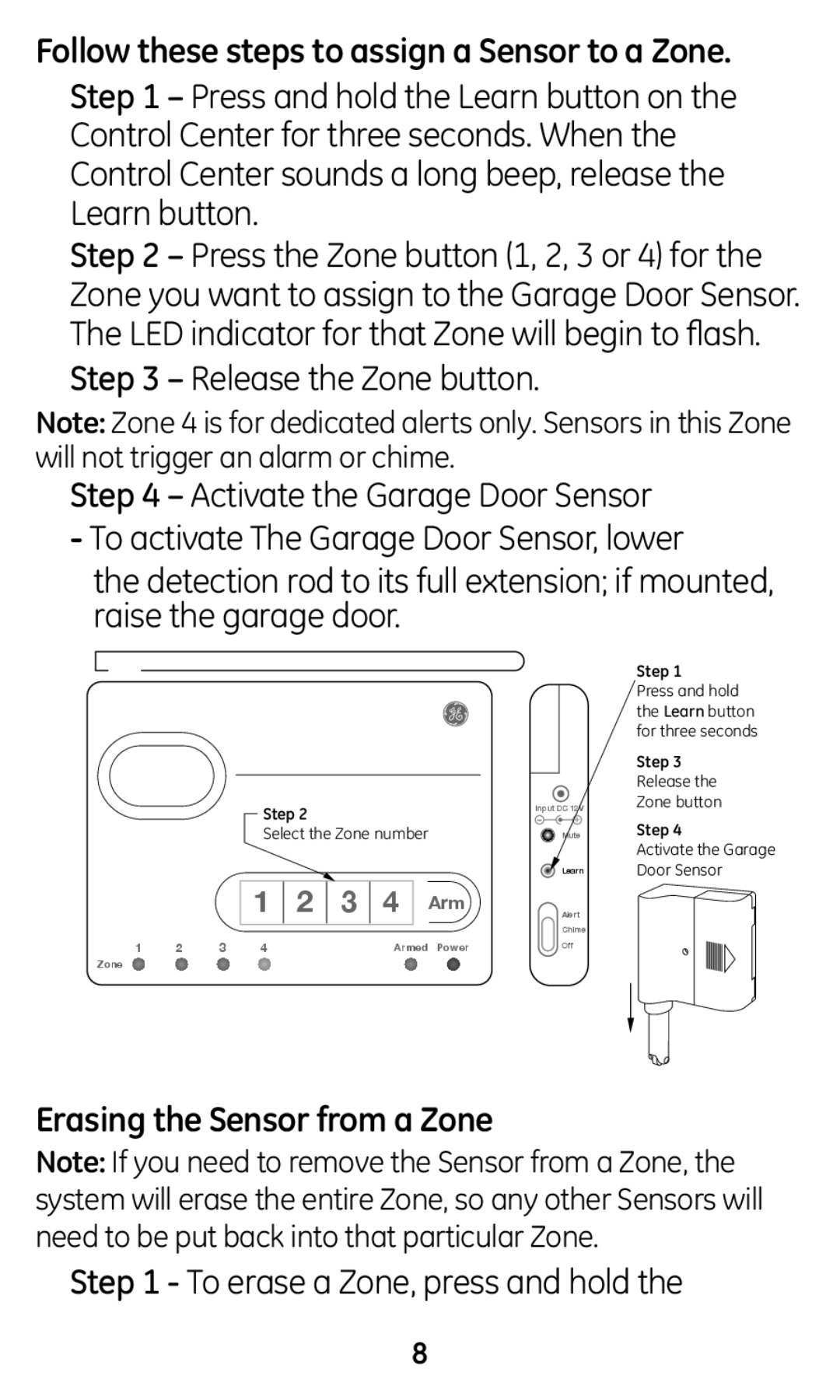 GE 45130 Follow these steps to assign a Sensor to a Zone, Erasing the Sensor from a Zone, To erase a Zone, press and hold 