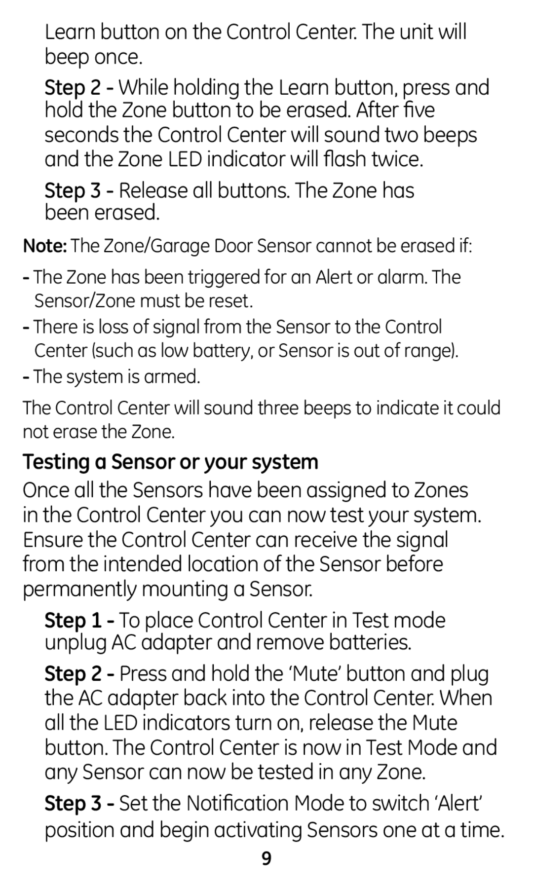 GE 45130 Learn button on the Control Center. The unit will beep once, Release all buttons. The Zone has been erased 