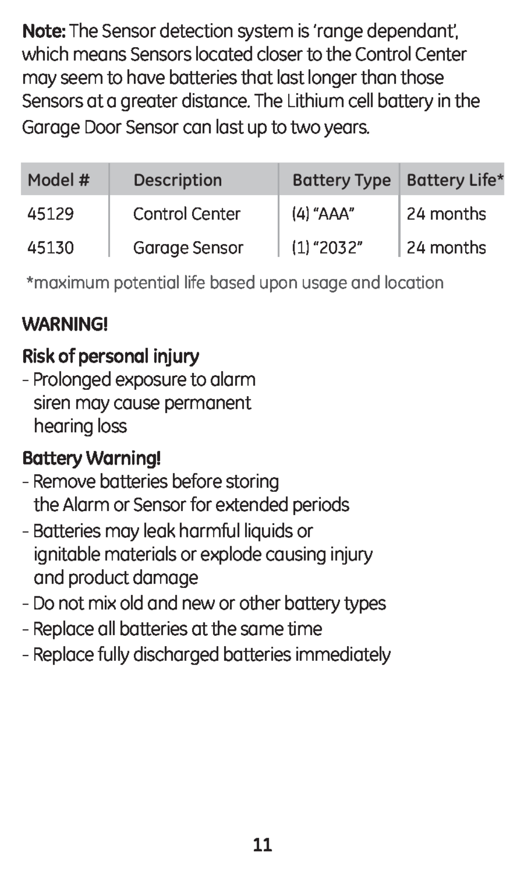 GE 45130 user manual Risk of personal injury, Battery Warning 
