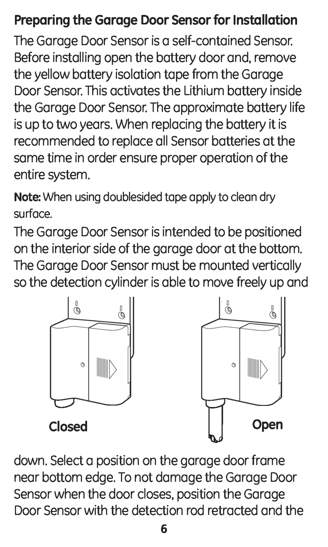 GE 45130 user manual Closed, Preparing the Garage Door Sensor for Installation 