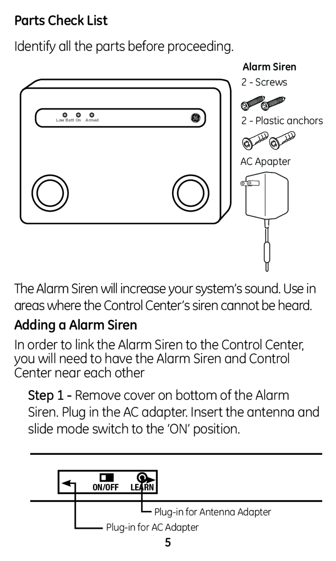 GE 45136 user manual Parts Check List, Adding a Alarm Siren 