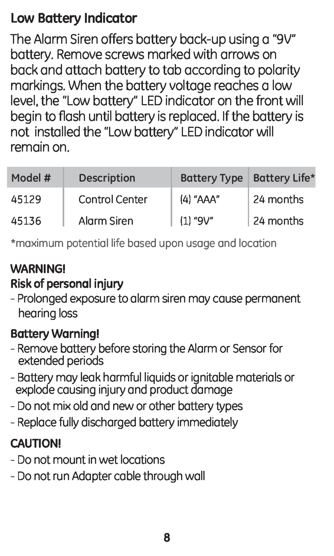 GE 45136 user manual Low Battery Indicator, Risk of personal injury, Battery Warning 