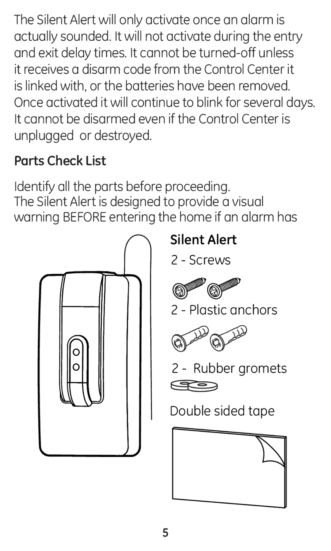 GE 45137 user manual Parts Check List, Identify all the parts before proceeding, Silent Alert, Screws Plastic anchors 