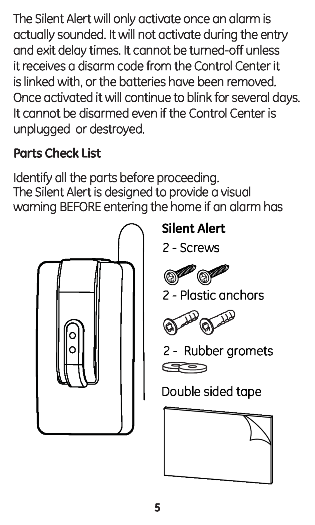 GE 45137 user manual Parts Check List, Identify all the parts before proceeding, Silent Alert, Screws 2 - Plastic anchors 