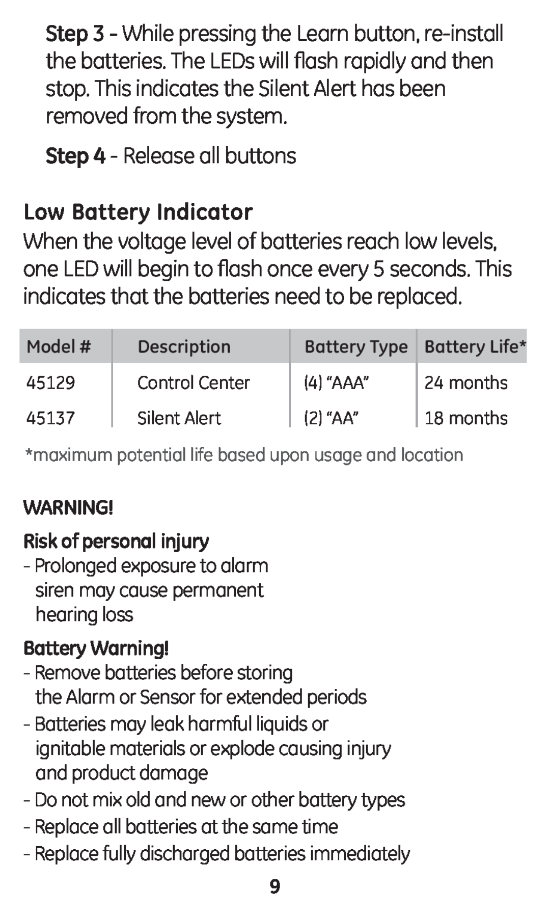 GE 45137 user manual Low Battery Indicator, Risk of personal injury, Battery Warning, Release all buttons 
