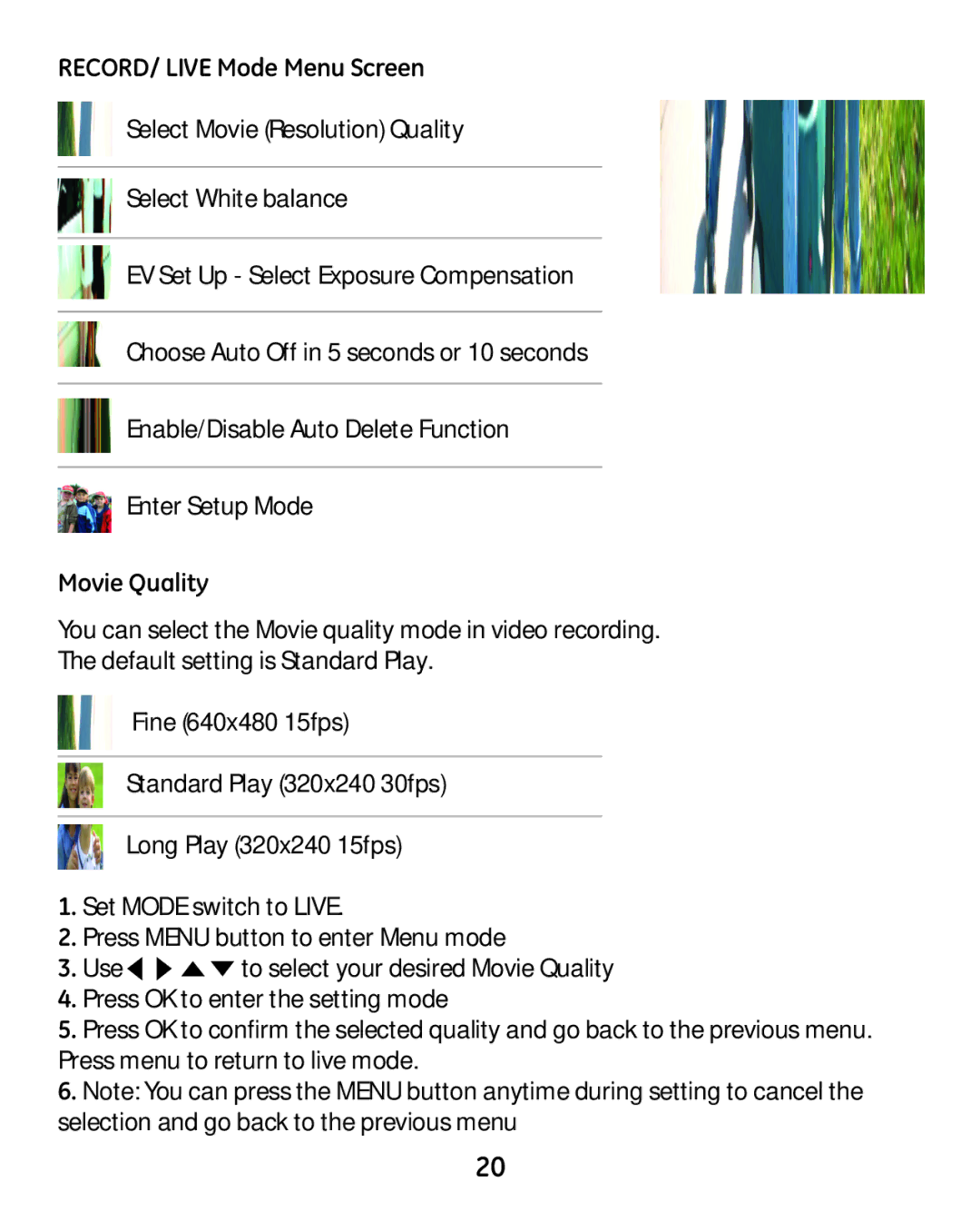 GE 45227-1 manual RECORD/ Live Mode Menu Screen, Movie Quality 