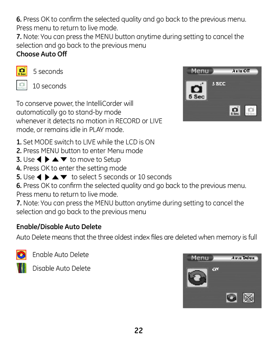 GE 45227-1 manual Choose Auto Off, Enable/Disable Auto Delete, Enable Auto Delete Disable Auto Delete 