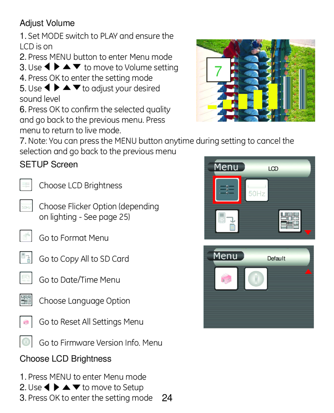 GE 45227-1 manual Adjust Volume, Setup Screen, Choose LCD Brightness, During setting to cancel 