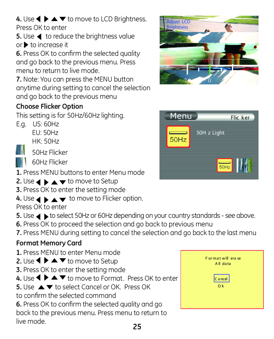 GE 45227-1 manual Choose Flicker Option, Format Memory Card, Live mode 