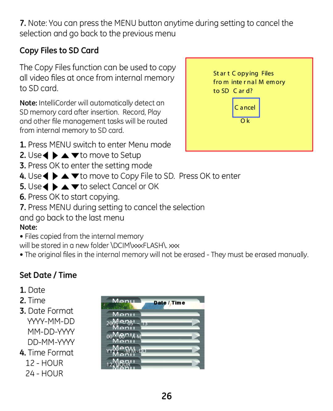 GE 45227-1 manual Copy Files to SD Card, To SD card, Set Date / Time, Date Time, Time Format 12 Hour 24 Hour 