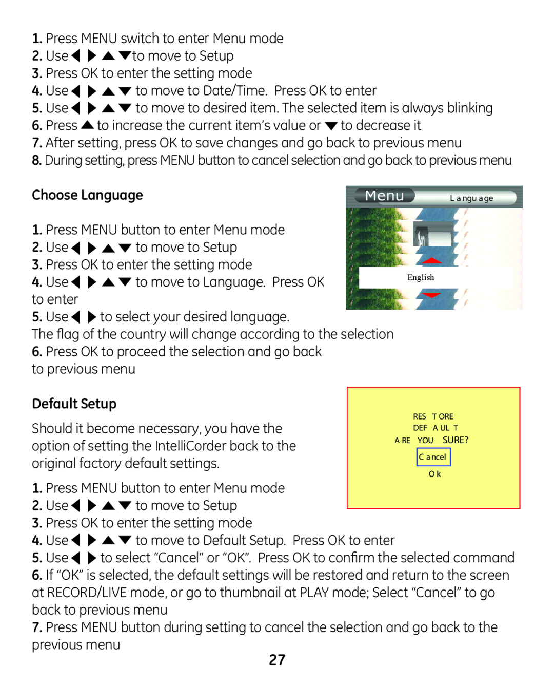 GE 45227-1 manual Choose Language, Default Setup 