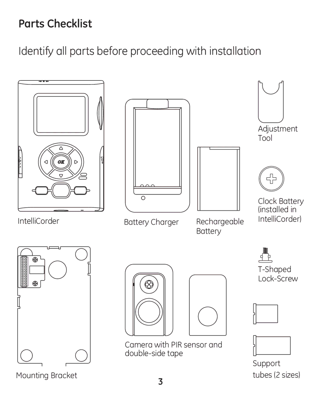 GE 45227-1 manual IntelliCorder Mounting Bracket Adjustment Tool, Battery Charger Rechargeable, Support 