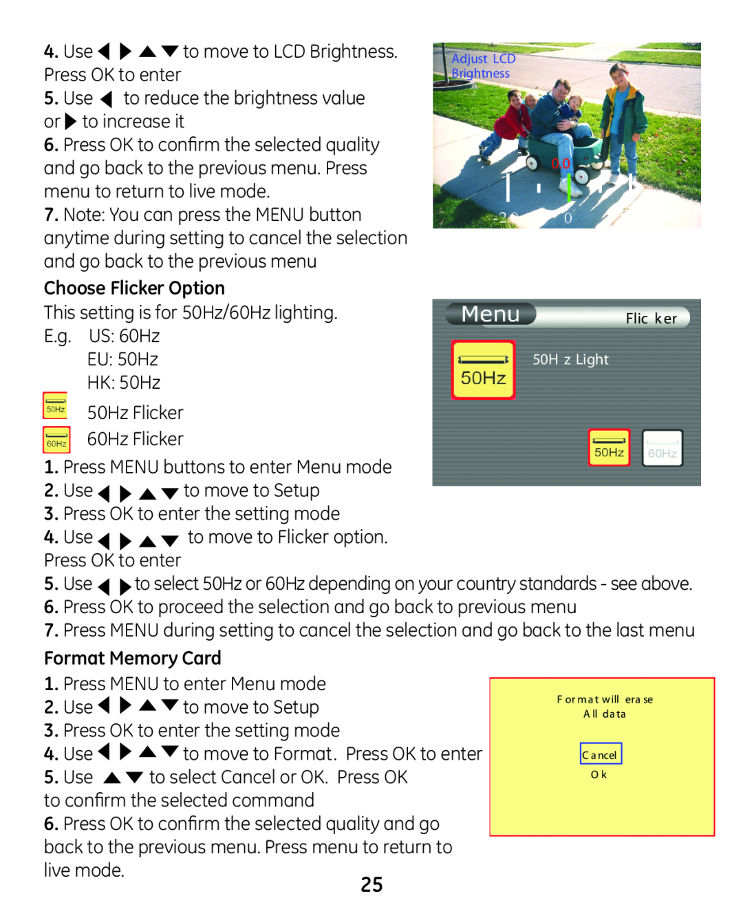 GE 45227-1 manual Choose Flicker Option, Format Memory Card 