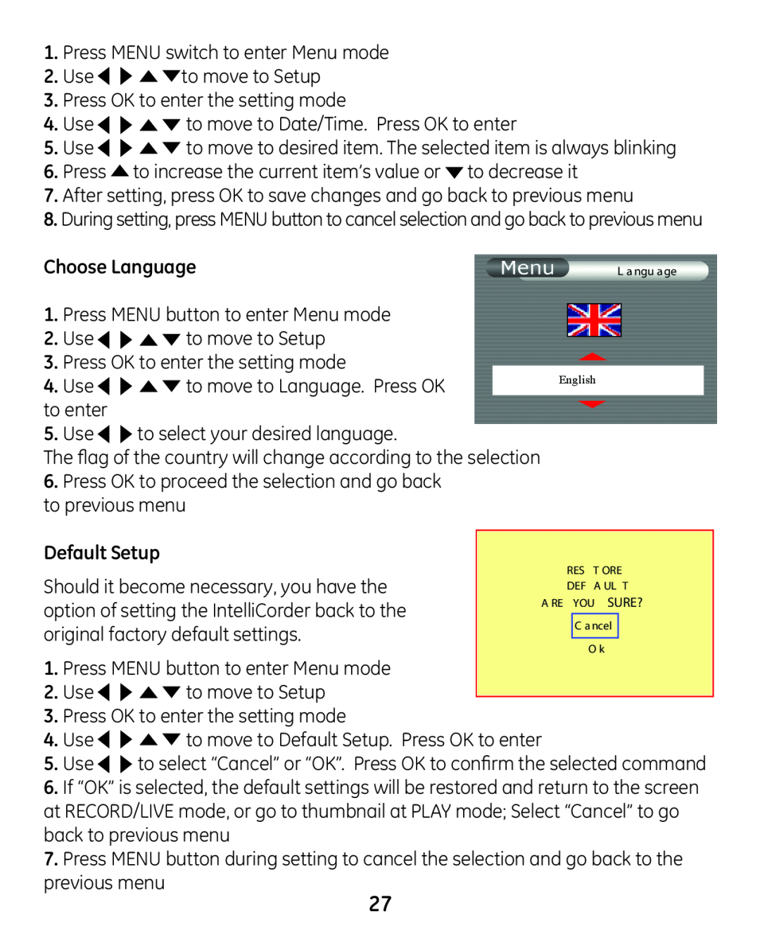 GE 45227-1 manual Choose Language, Default Setup 