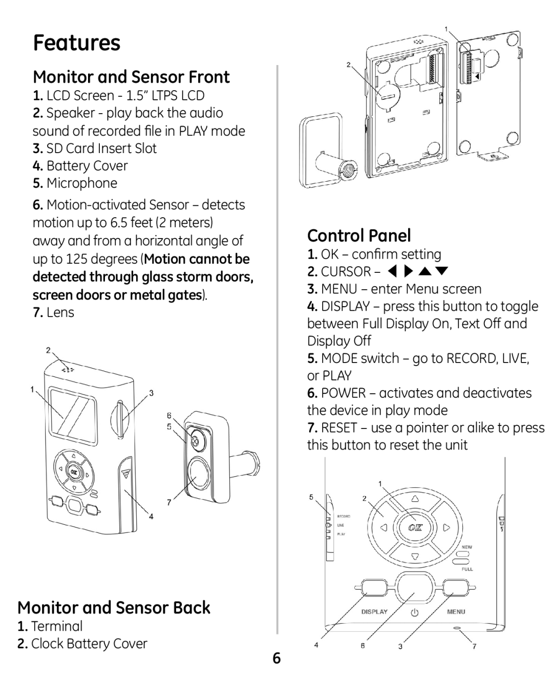 GE 45227-1 manual Features, Monitor and Sensor Front, Monitor and Sensor Back, Control Panel 