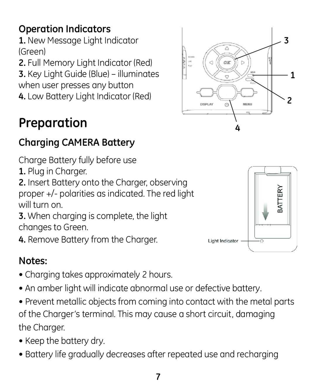 GE 45227-1 manual Preparation, Operation Indicators, Charging CAMERA Battery 