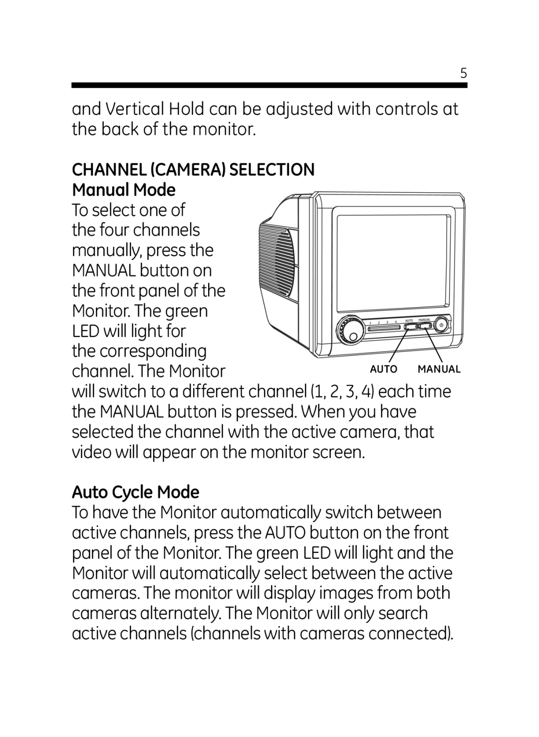 GE 45232 user manual Channel Camera Selection, Manual Mode, Auto Cycle Mode 