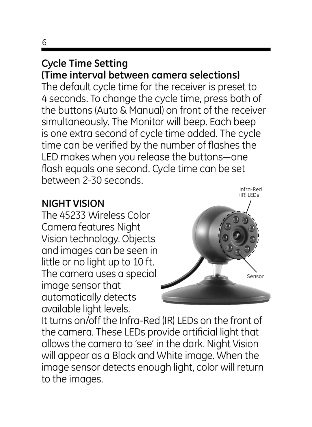 GE 45232 user manual Cycle Time Setting, Night Vision 