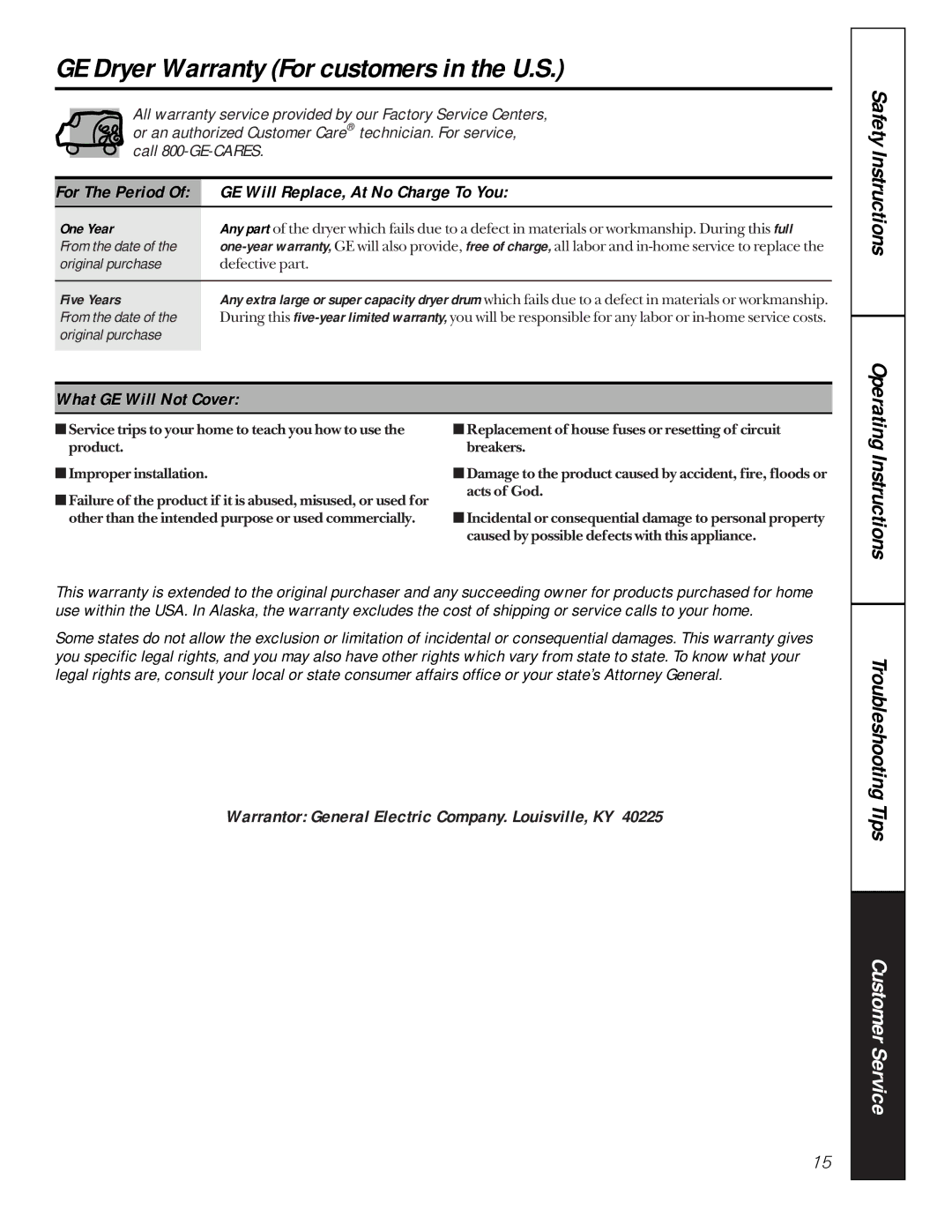 GE 453, 473, 333 GE Dryer Warranty For customers in the U.S, GE Will Replace, At No Charge To You, What GE Will Not Cover 