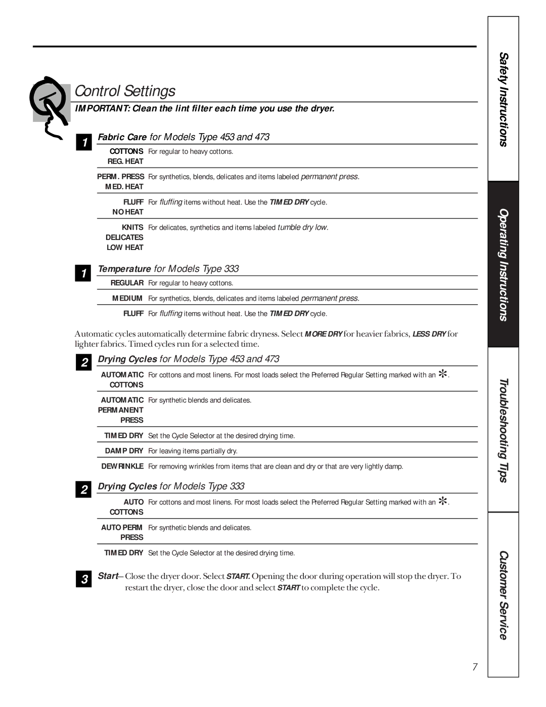 GE 473 Control Settings, Important Clean the lint filter each time you use the dryer, Drying Cycles for Models Type 453 