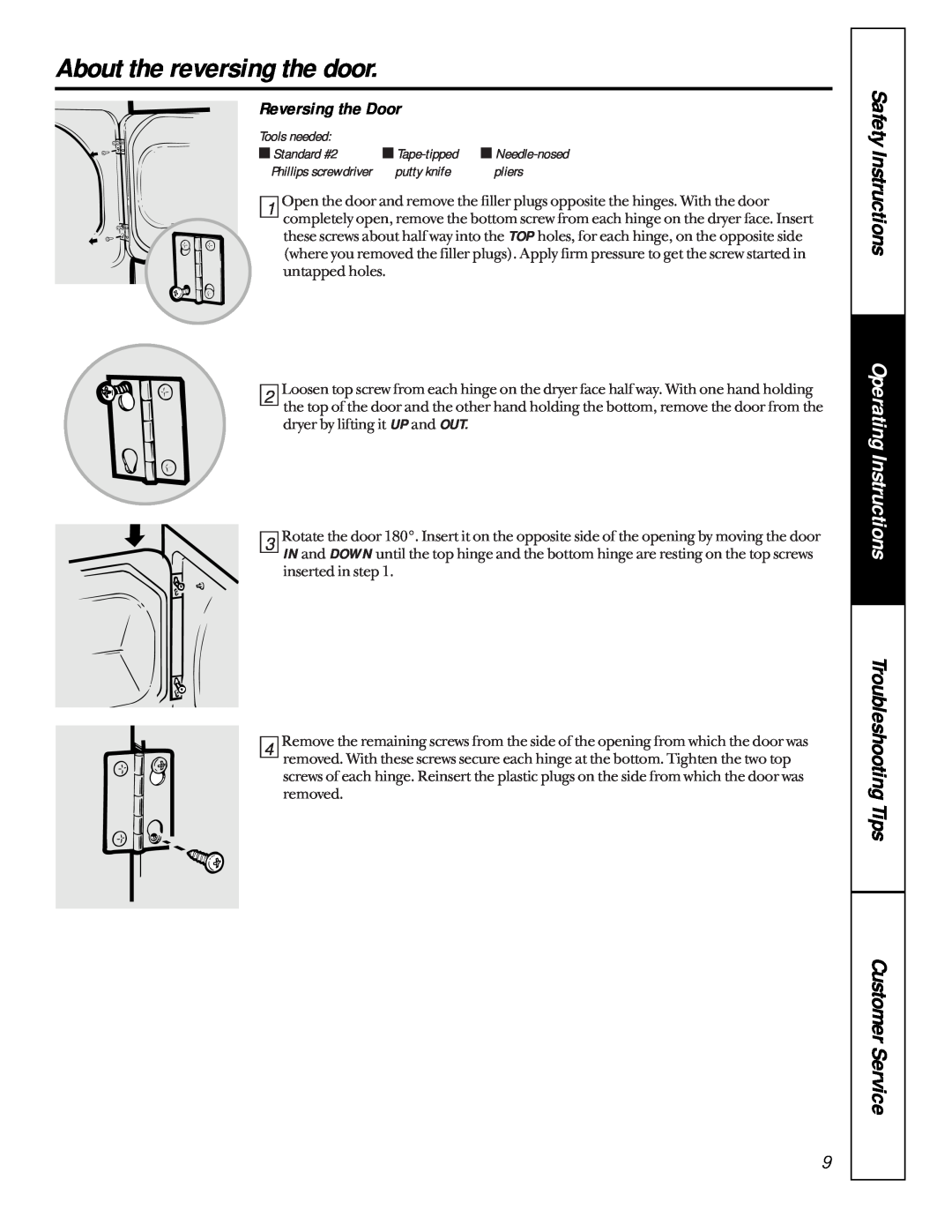 GE 453, 473, 333 owner manual About the reversing the door, Reversing the Door, Safety Instructions, Operating Instructions 