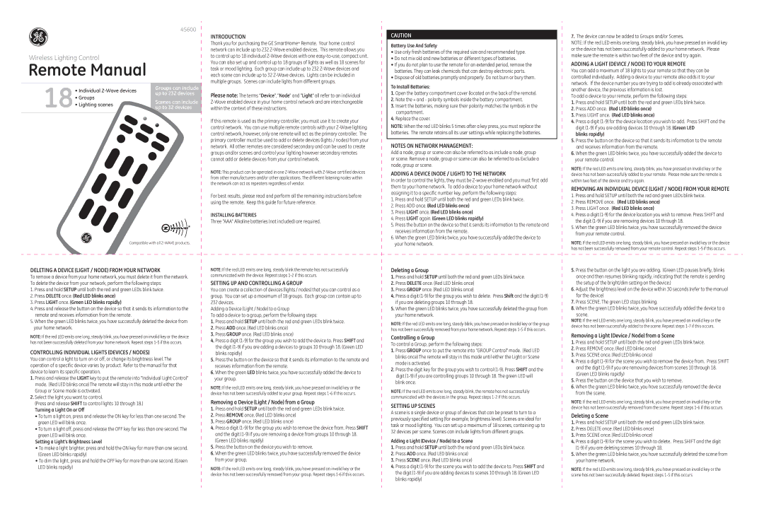 GE 45600 manual Introduction, Adding a Device Node / Light to the Network, Adding a Light Device / Node to Your Remote 