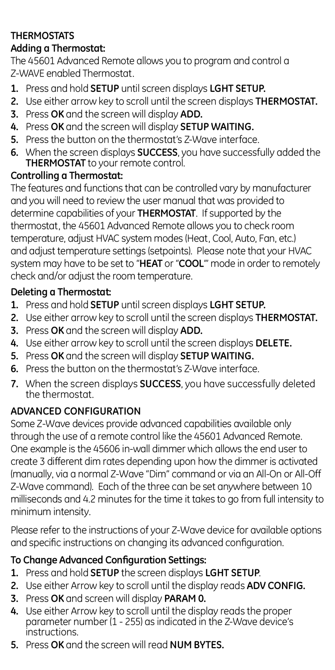 GE 45601 manual Thermostats, Adding a Thermostat, Controlling a Thermostat Deleting a Thermostat, Advanced Configuration 