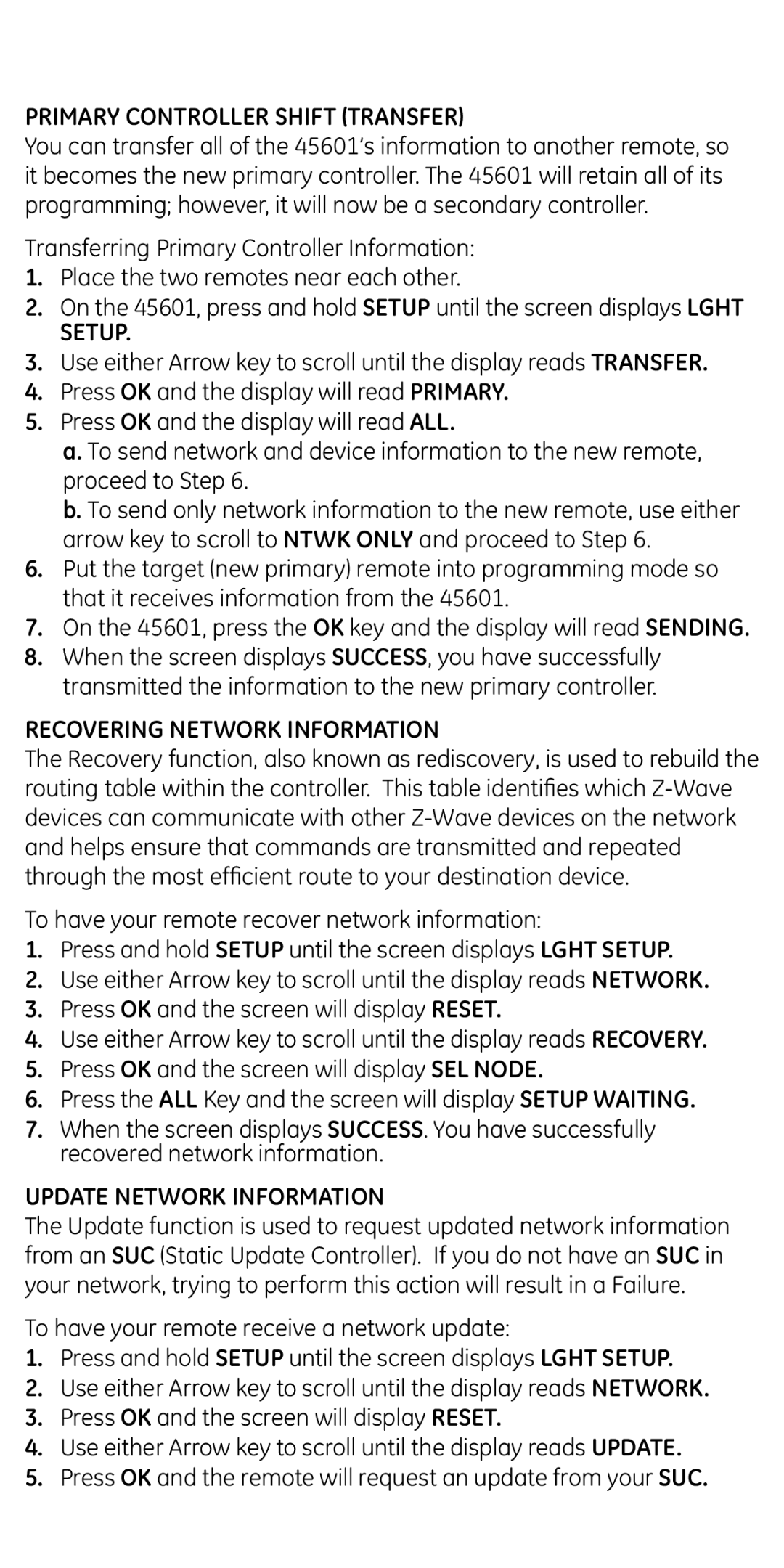 GE 45601 manual Primary Controller Shift Transfer, Setup, Recovering Network Information, Update Network Information 