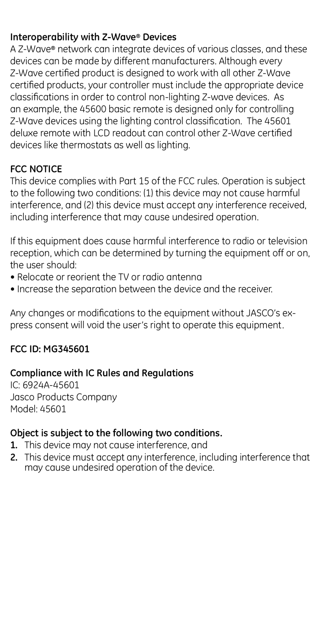 GE manual Interoperability with Z-WaveDevices, FCC Notice, FCC ID MG345601 Compliance with IC Rules and Regulations 