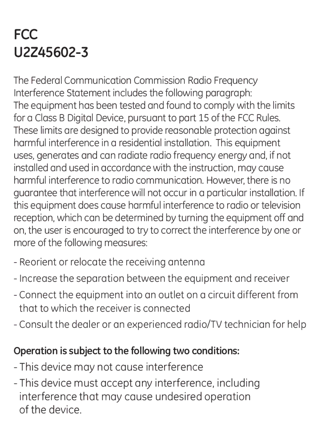 GE 45602 manual Fcc 