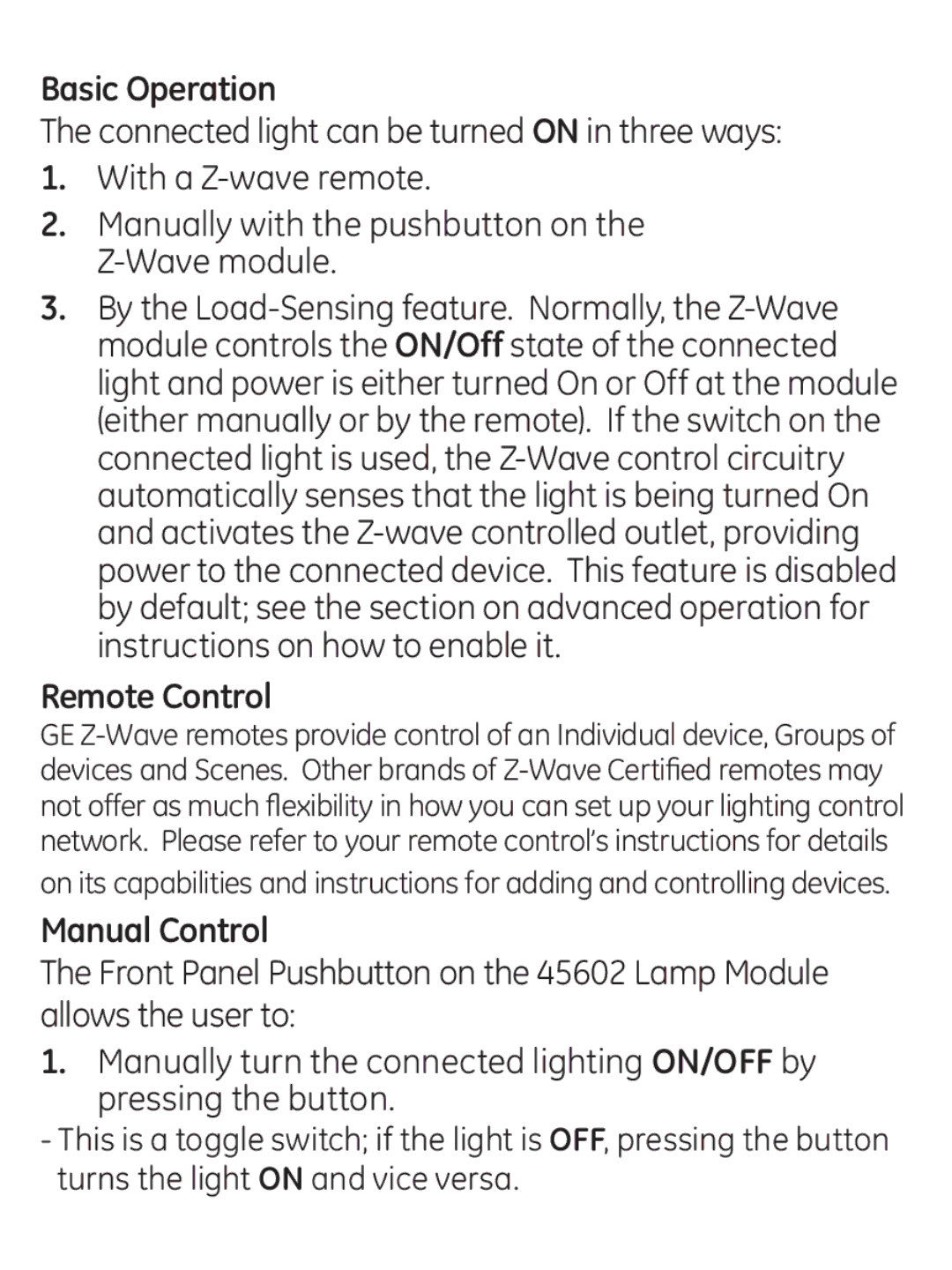 GE 45602 manual Basic Operation, Remote Control, Manual Control 