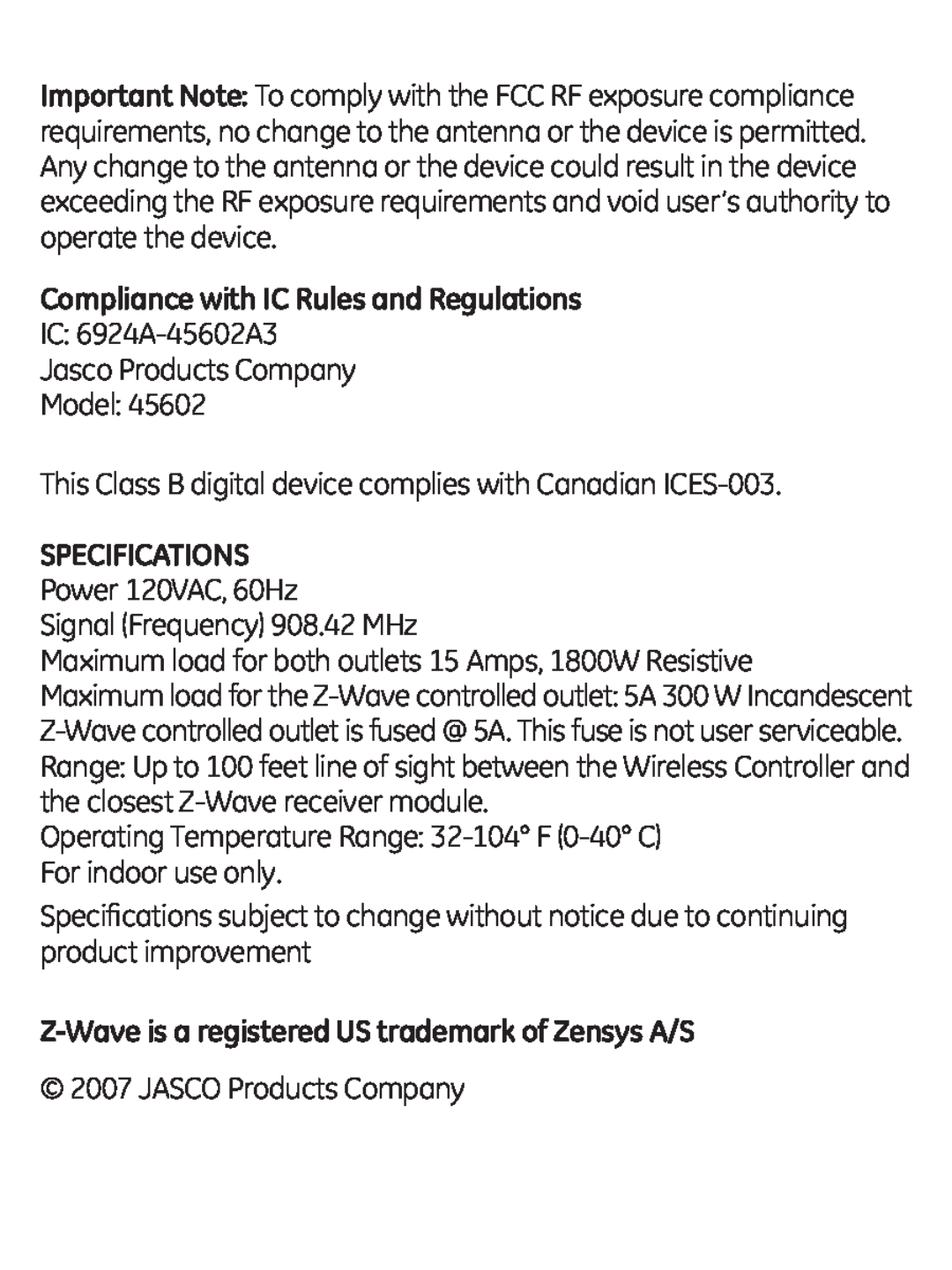 GE 45602 manual Compliance with IC Rules and Regulations, Z-Waveis a registered US trademark of Zensys A/S 