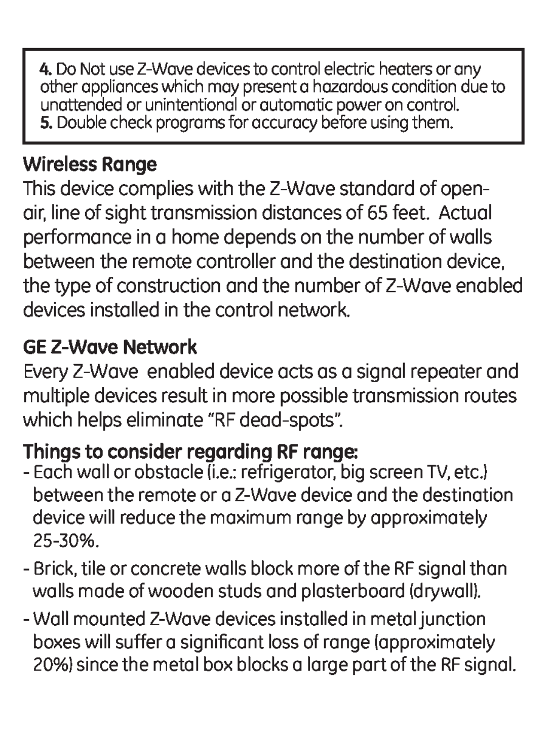 GE 45602 manual Wireless Range, GE Z-WaveNetwork, Things to consider regarding RF range 