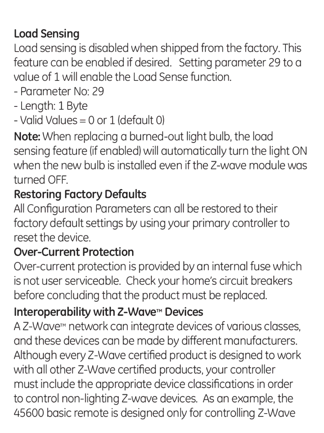 GE 45603 manual Load Sensing, Restoring Factory Defaults, Over-Current Protection, Interoperability with Z-WaveDevices 