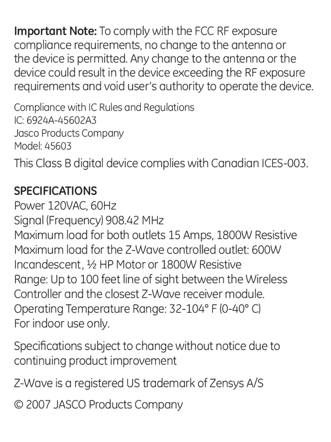 GE 45603 manual Specifications 