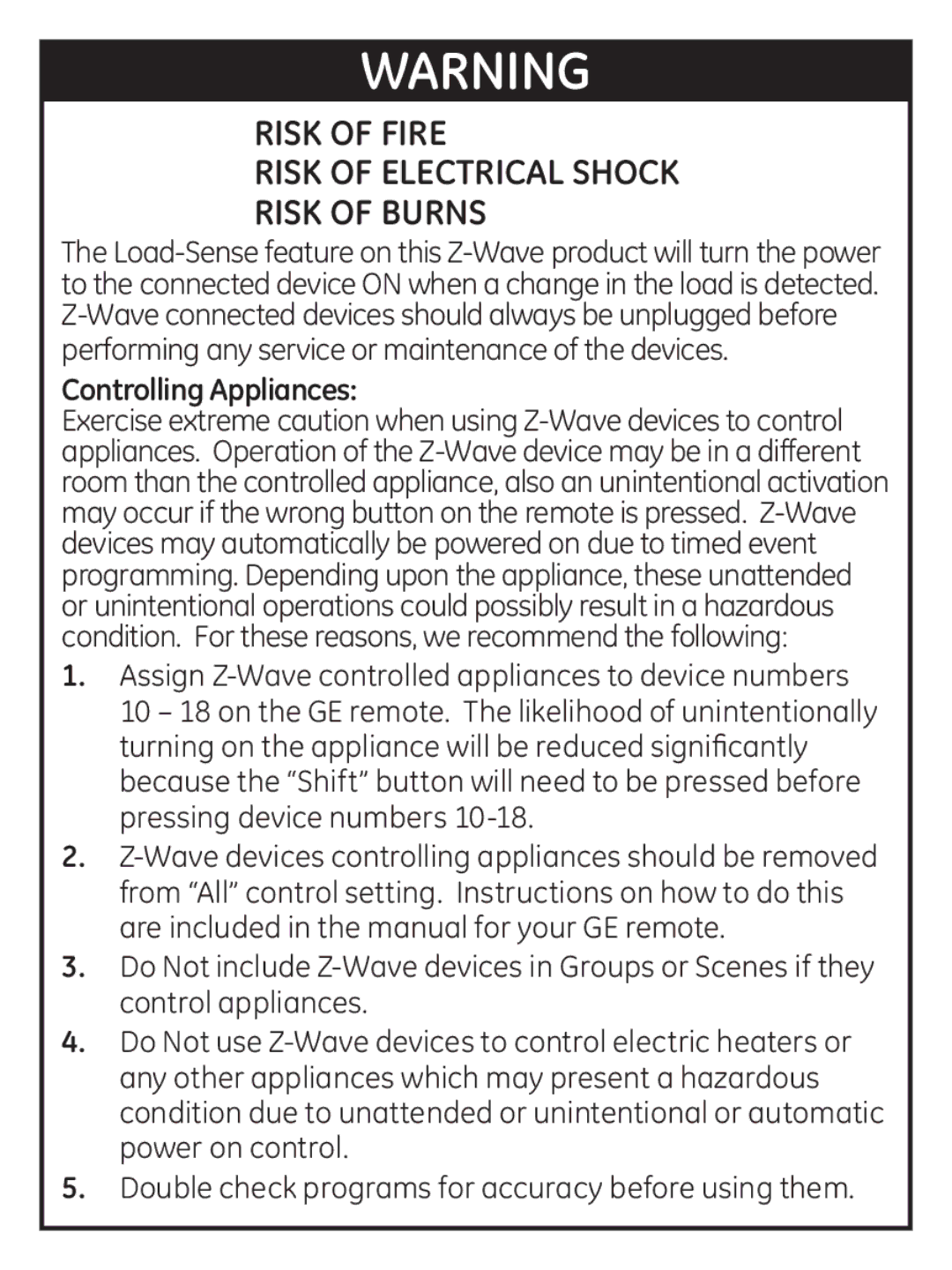 GE 45603 manual Risk of Fire Risk of Electrical Shock Risk of Burns 