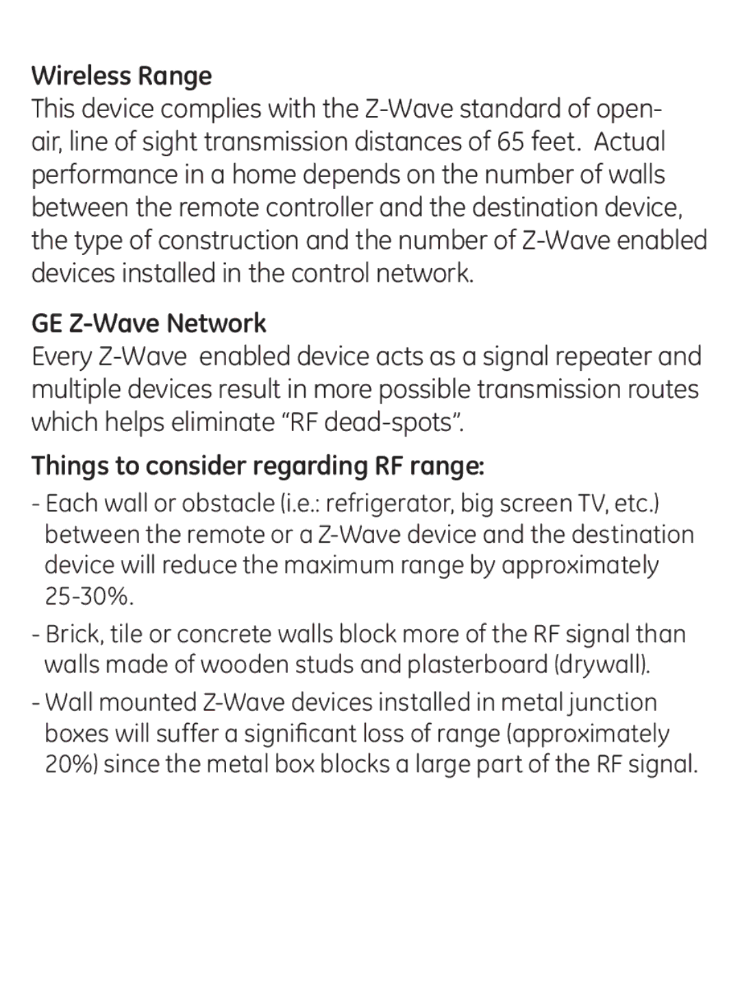 GE 45603 manual Wireless Range, GE Z-Wave Network, Things to consider regarding RF range 