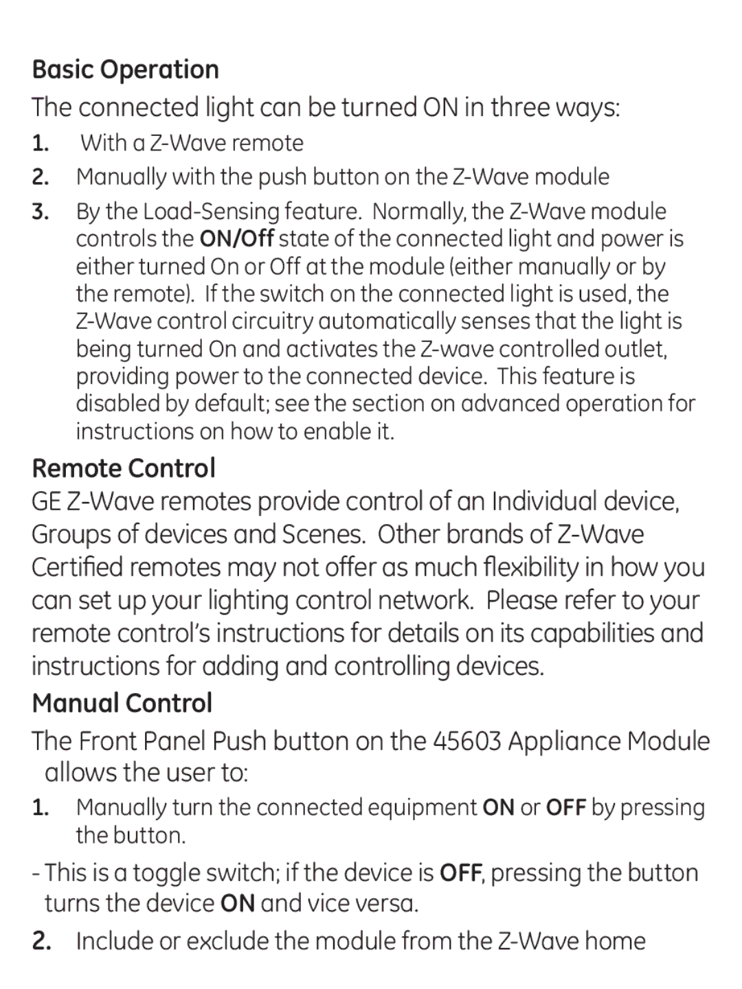 GE 45603 manual Basic Operation, Remote Control, Manual Control 