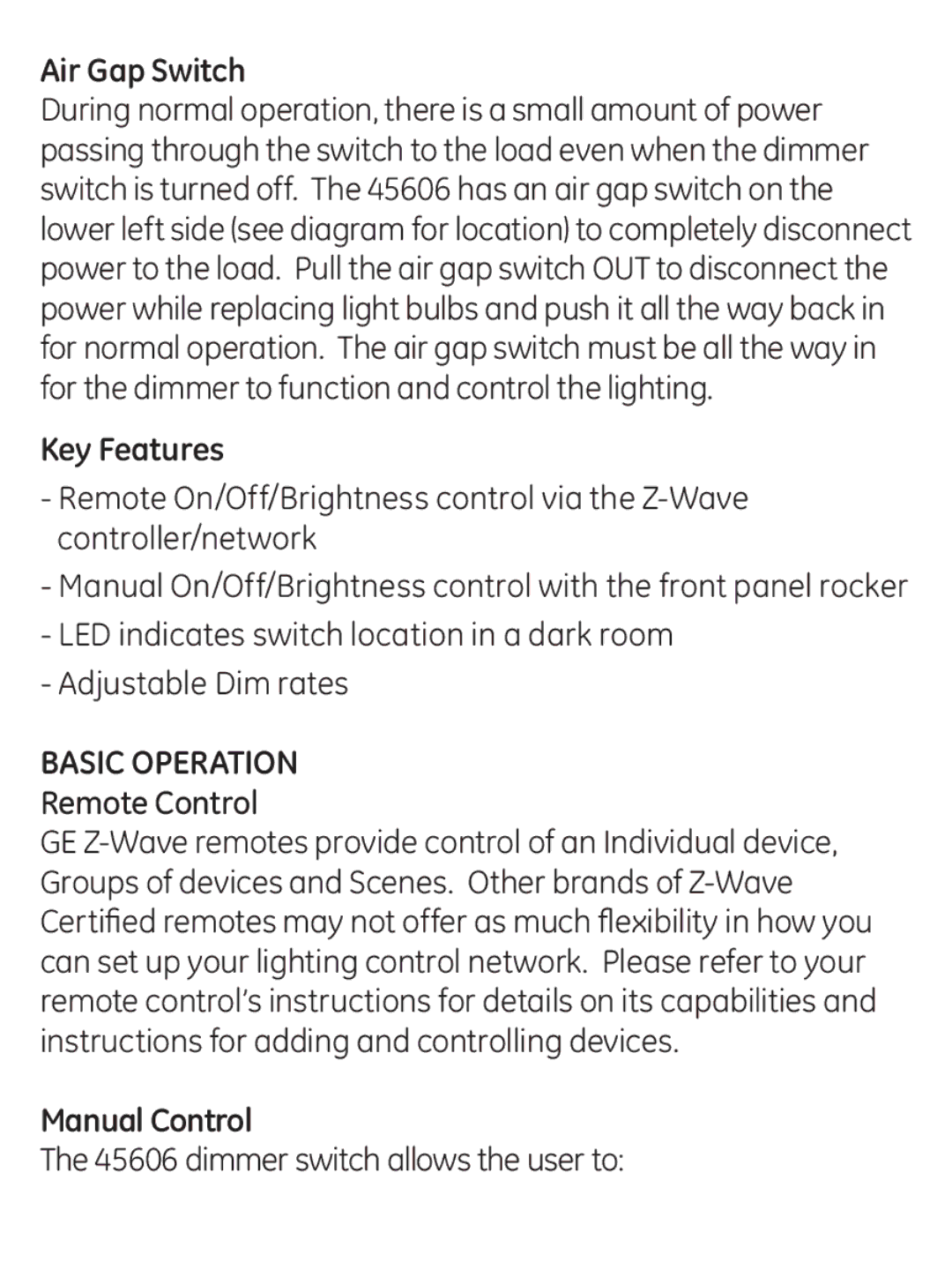 GE 45606 manual Air Gap Switch, Key Features, Basic Operation, Manual Control 