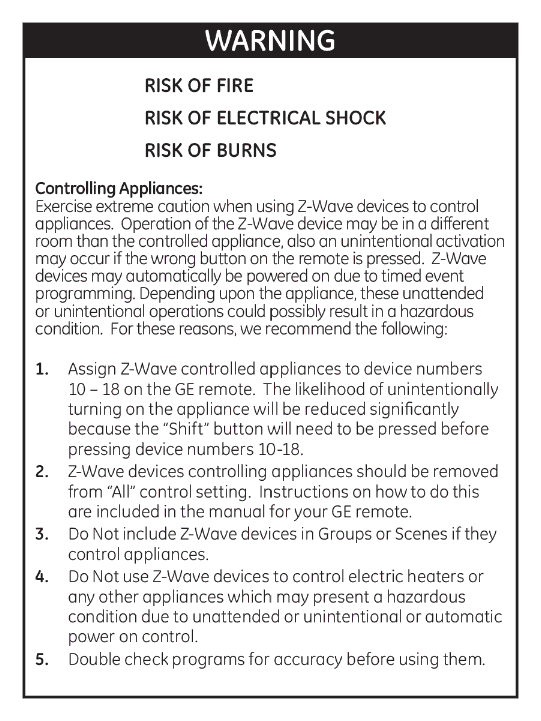 GE 45606 manual Risk of Fire Risk of Electrical Shock Risk of Burns 