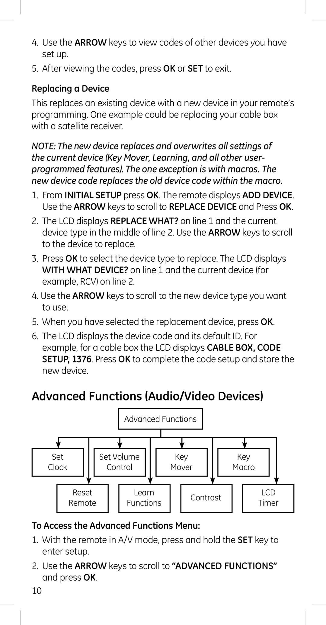 GE 45608 manual Advanced Functions Audio/Video Devices, Replacing a Device, To Access the Advanced Functions Menu 