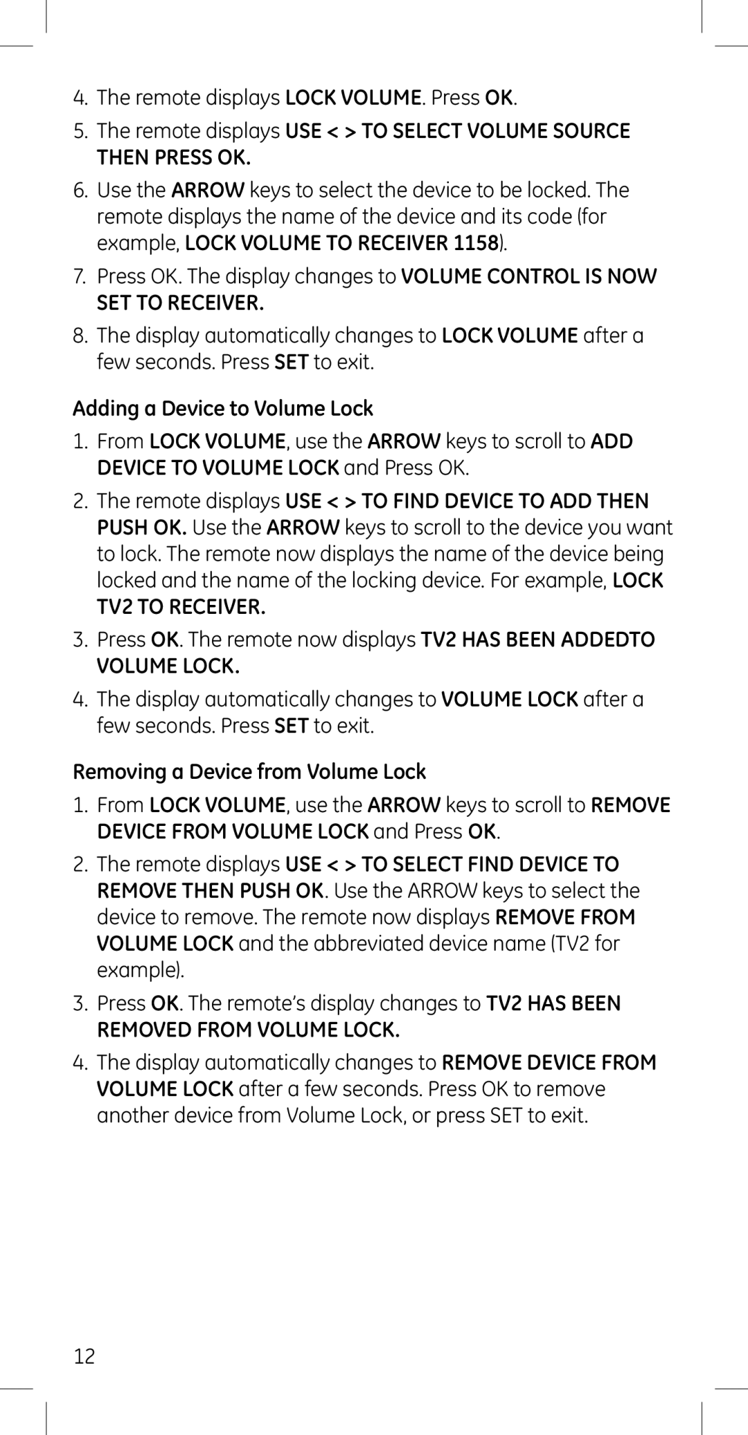 GE 45608 manual Then Press OK, SET to Receiver, TV2 to Receiver, Removed from Volume Lock 