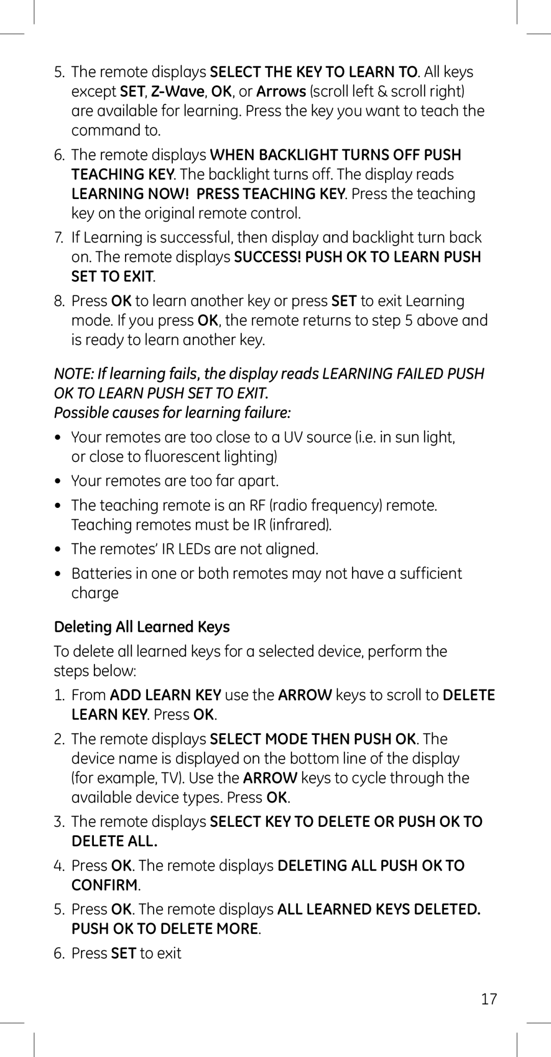 GE 45608 manual Deleting All Learned Keys, Delete ALL 