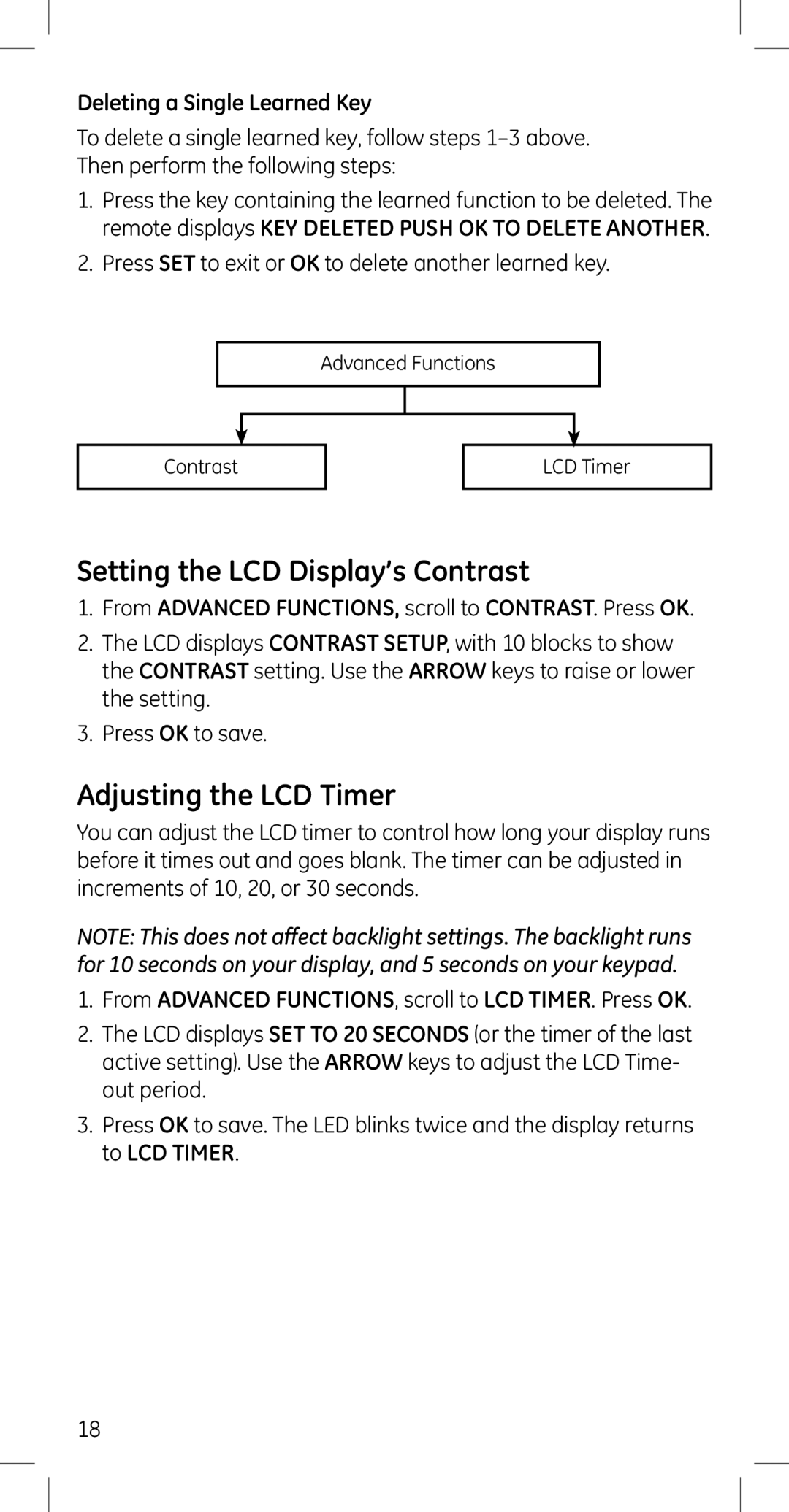 GE 45608 manual Setting the LCD Display’s Contrast, Adjusting the LCD Timer, Deleting a Single Learned Key 