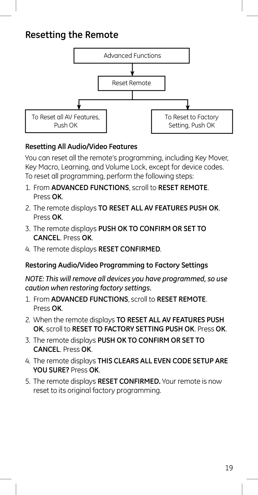 GE 45608 manual Resetting the Remote, Resetting All Audio/Video Features 