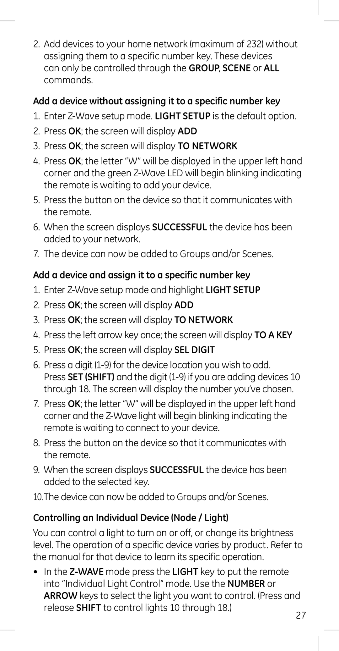 GE 45608 Add a device without assigning it to a specific number key, Add a device and assign it to a specific number key 