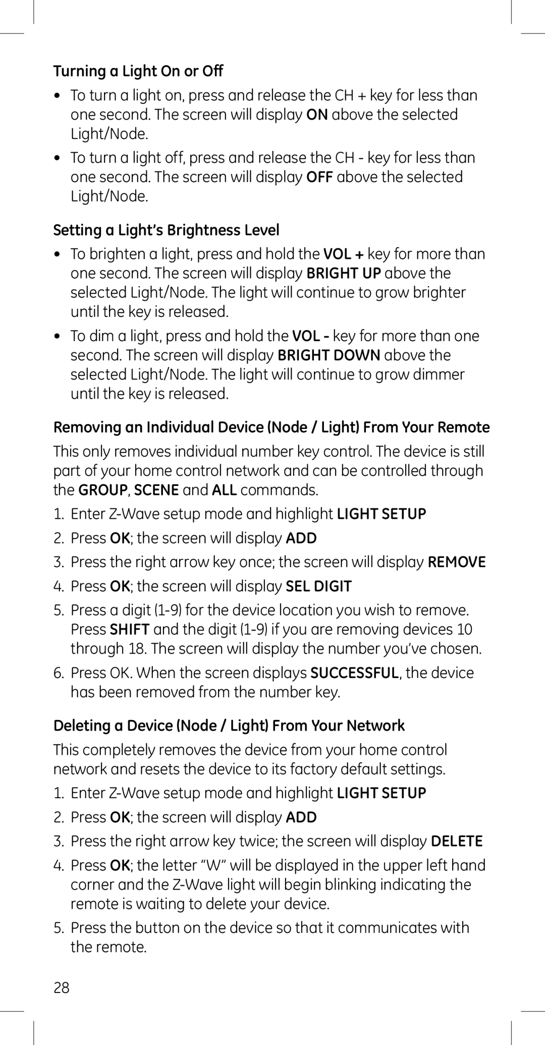 GE 45608 Turning a Light On or Off, Setting a Light’s Brightness Level, Deleting a Device Node / Light From Your Network 