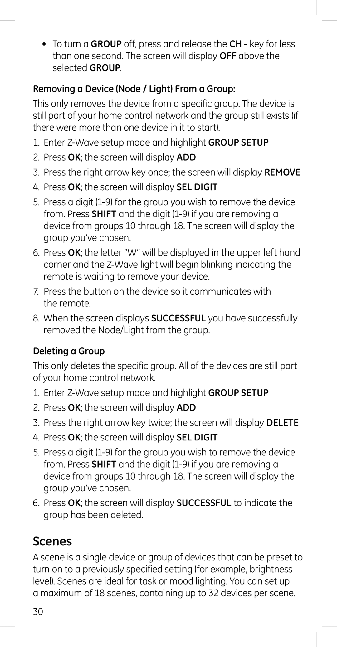 GE 45608 manual Scenes, Removing a Device Node / Light From a Group, Deleting a Group 